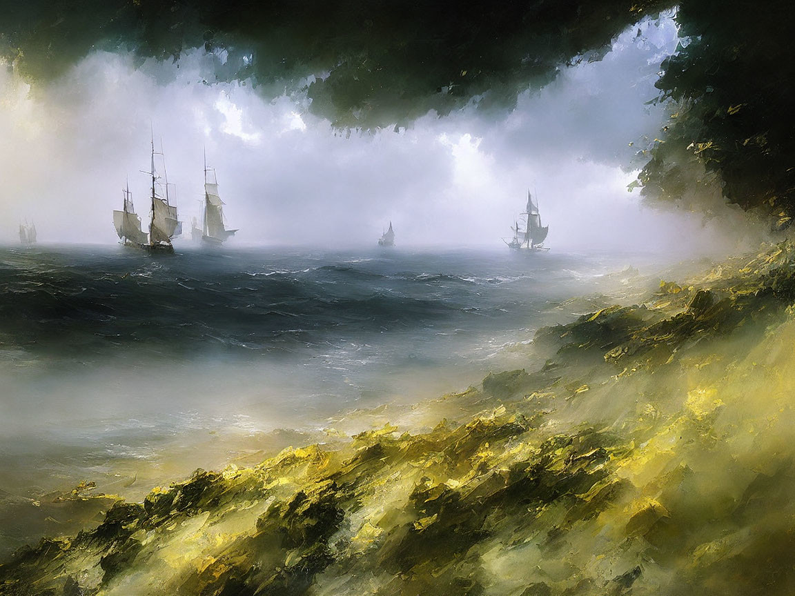 Tall ships sailing turbulent seas under dramatic sky