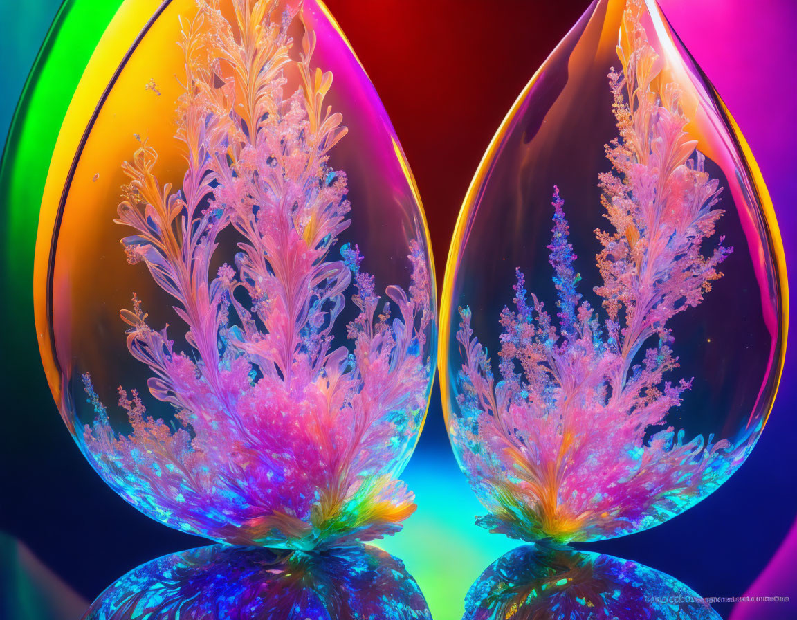 Vibrant crystal-like drops with tree-like structures on swirling rainbow background