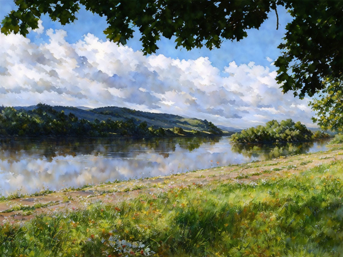 Tranquil riverside landscape with lush trees and fluffy cloud reflection