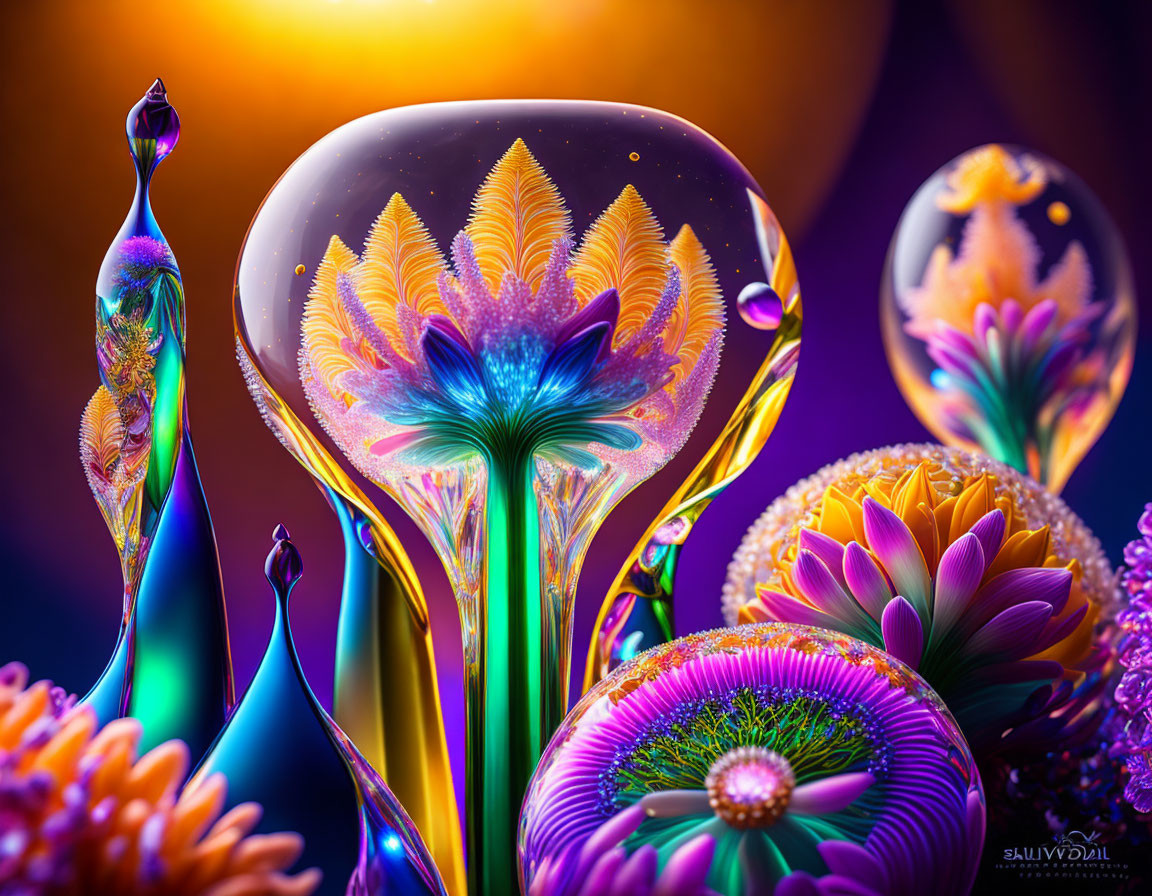 Colorful digital artwork of luminescent plants and bubbles against cosmic backdrop