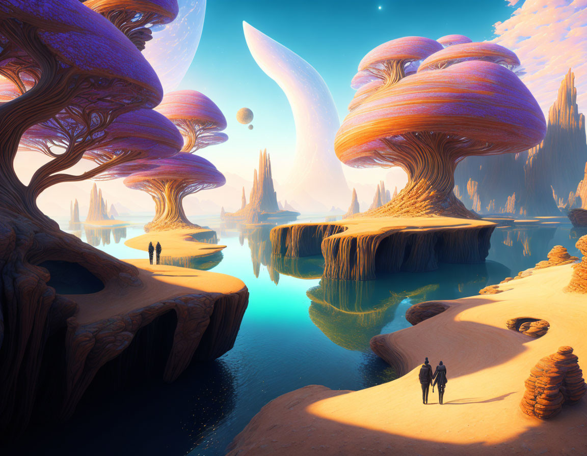 Alien landscape with oversized mushroom trees, orange terrain, figures, and celestial bodies
