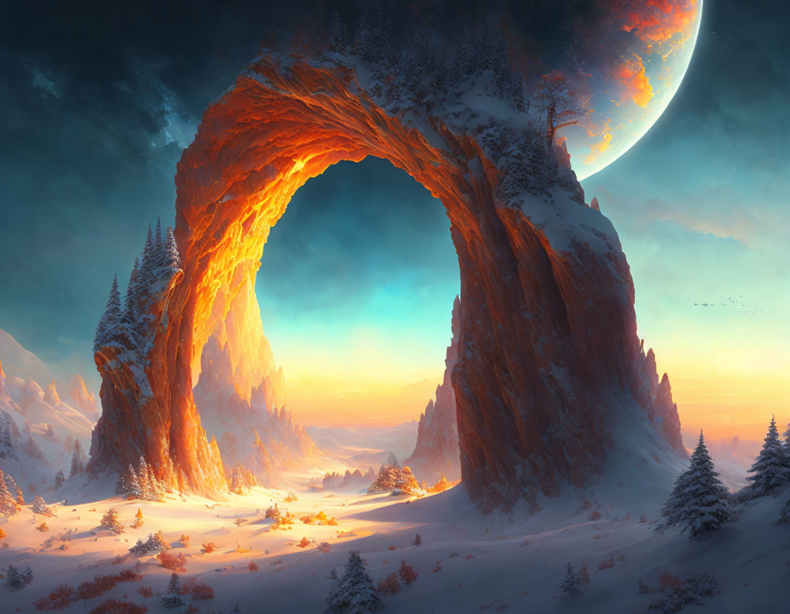 Snow-covered landscape with natural arch under orange sun glow & large moon.