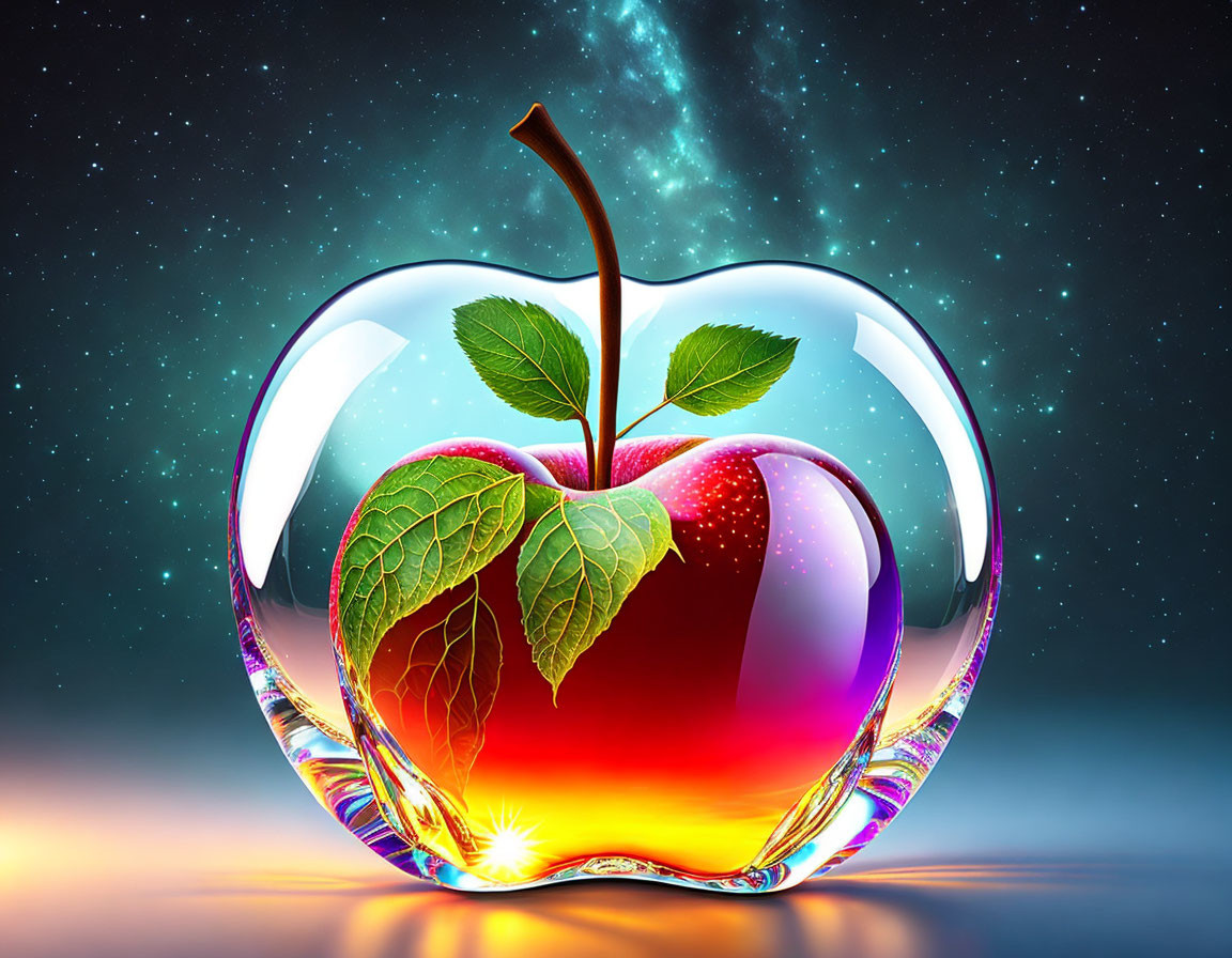 Red Apple in Transparent Bubble on Cosmic Background