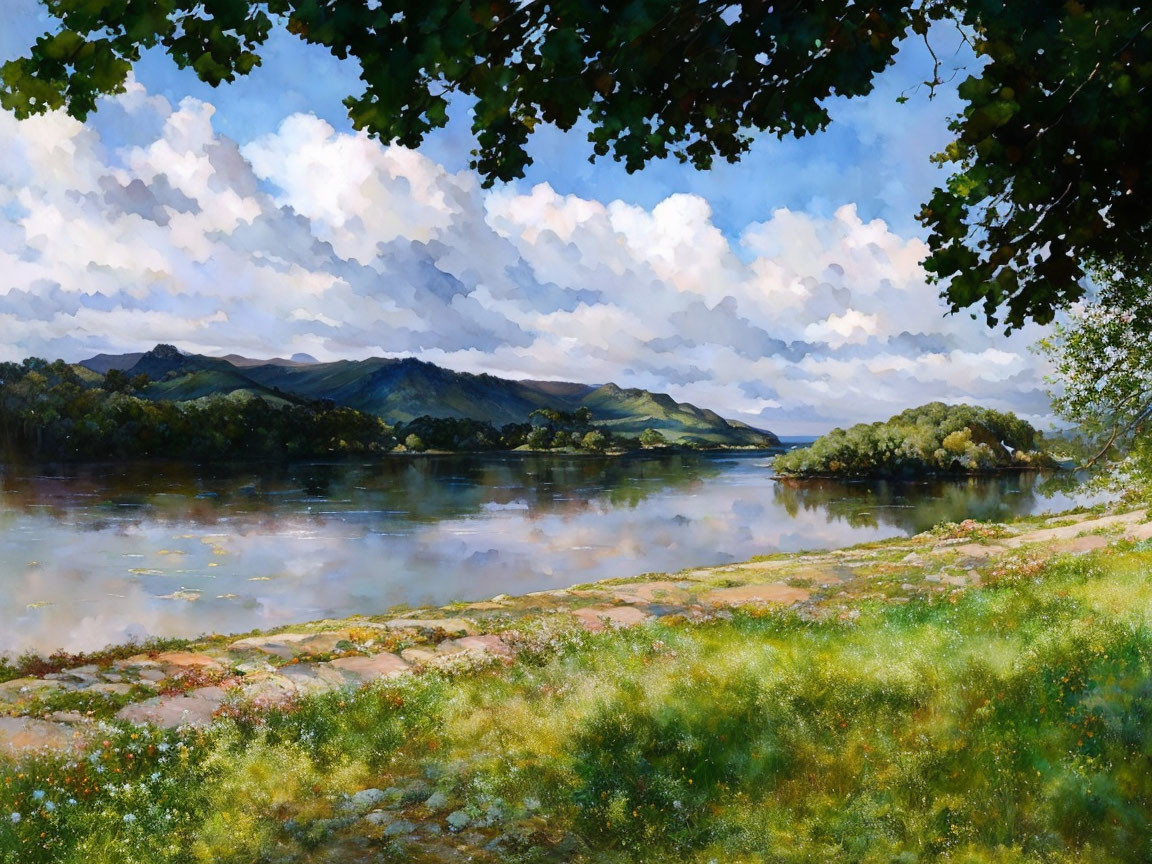 Tranquil landscape with river, greenery, clouds, hills, and blue sky