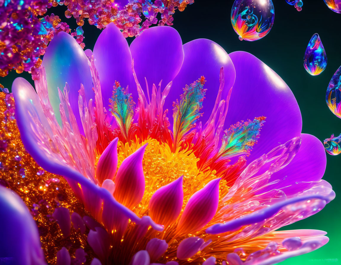 Colorful Surreal Neon Flower Artwork with Iridescent Bubbles on Dark Background