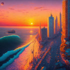 Colorful coastal cityscape at sunset with skyscrapers, serene sea, and vibrant sky