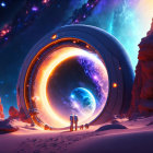 Illustration of two people and car near swirling portal under starry sky.
