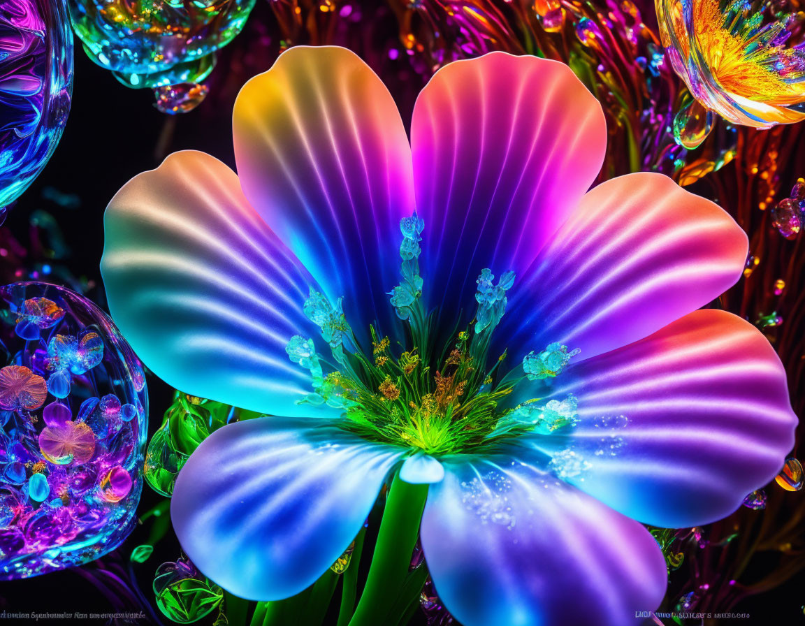 Colorful neon-lit flower artwork with luminous petals in blue, purple, and pink.