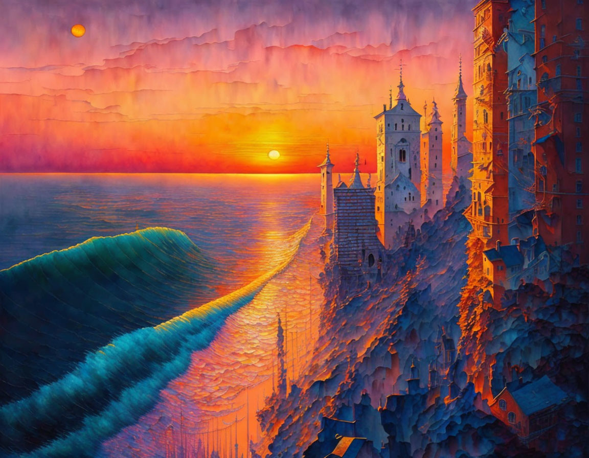 Fantasy painting of majestic cliffside castle at sunset with giant wave and colorful sky