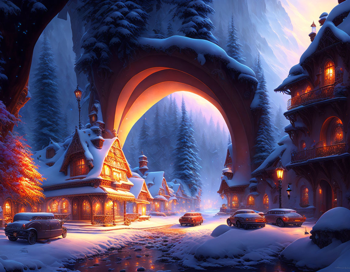 Snow-covered winter village with warm lights nestled under forest archway