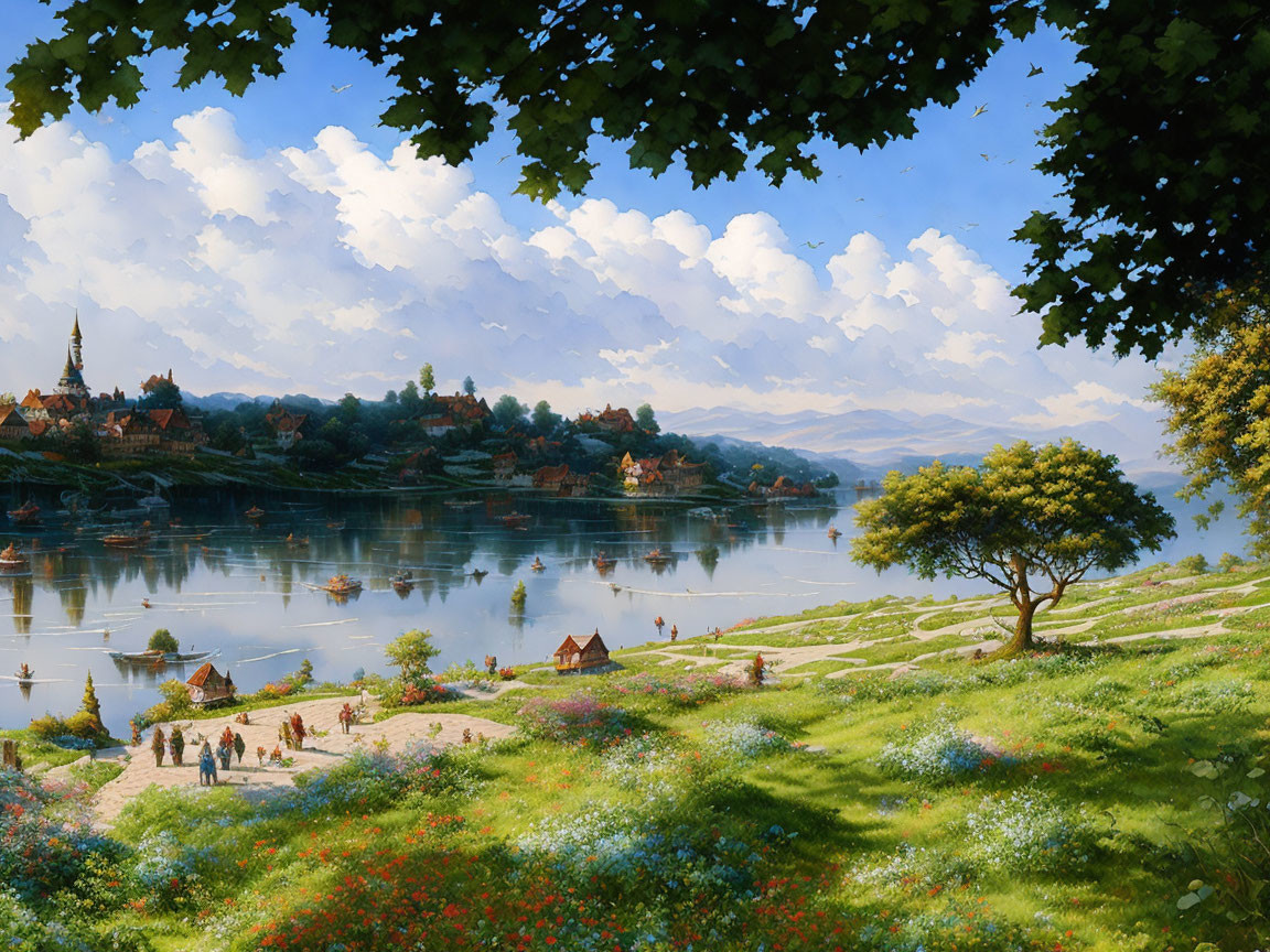 Tranquil riverside scene with people, tree, village, and green hills