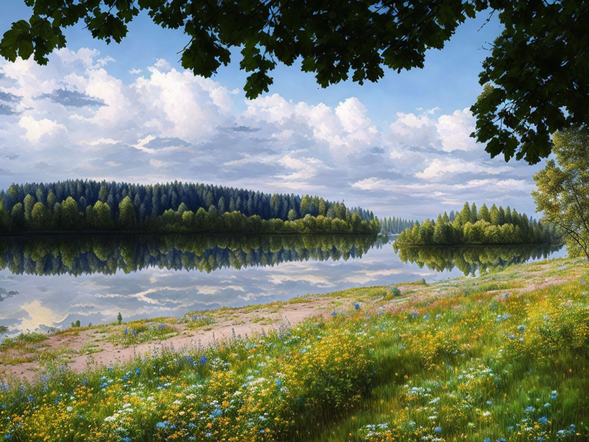 Tranquil lakeside scene with lush forest and colorful meadow