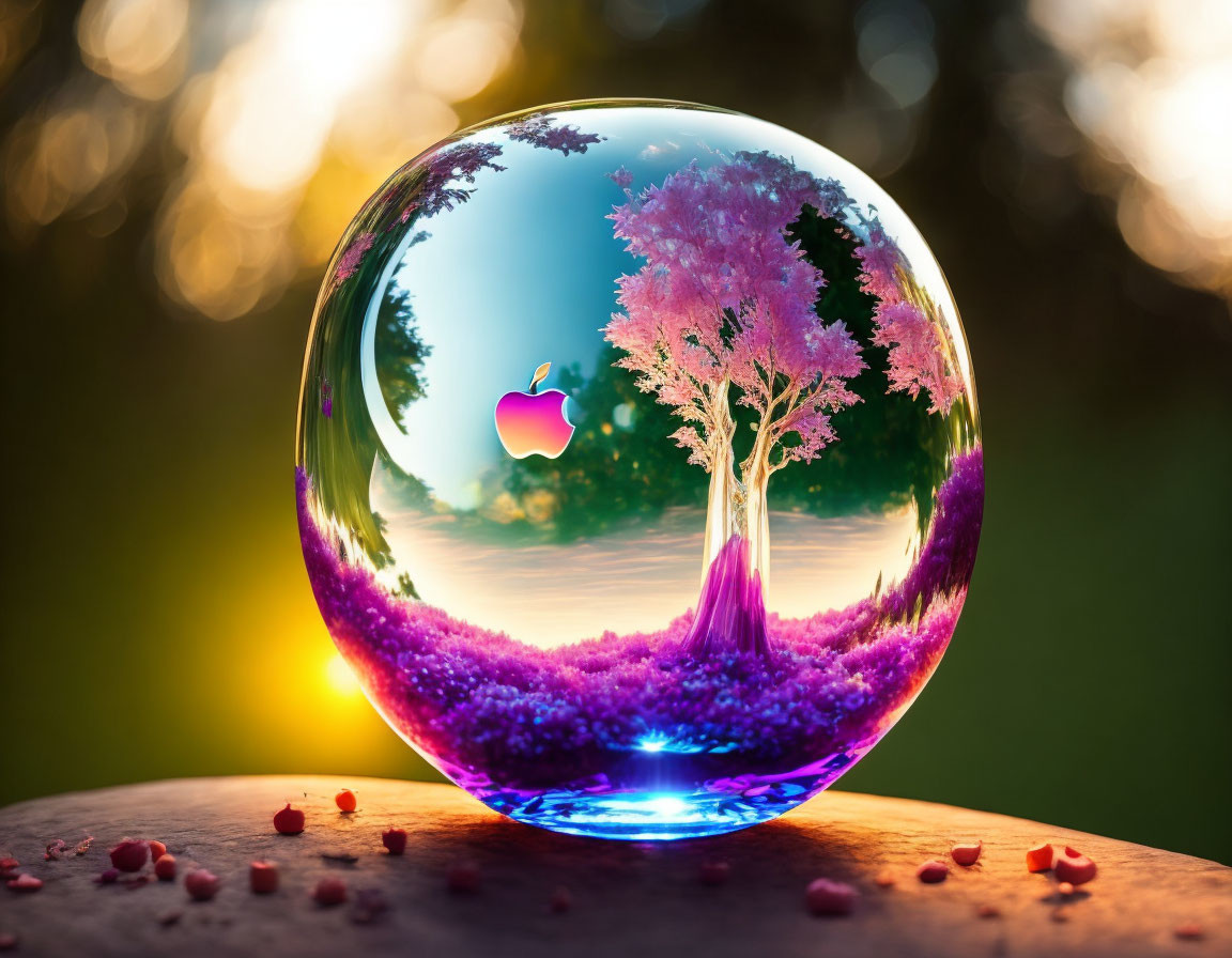Colorful Tree Reflected in Crystal Ball on Nature Background