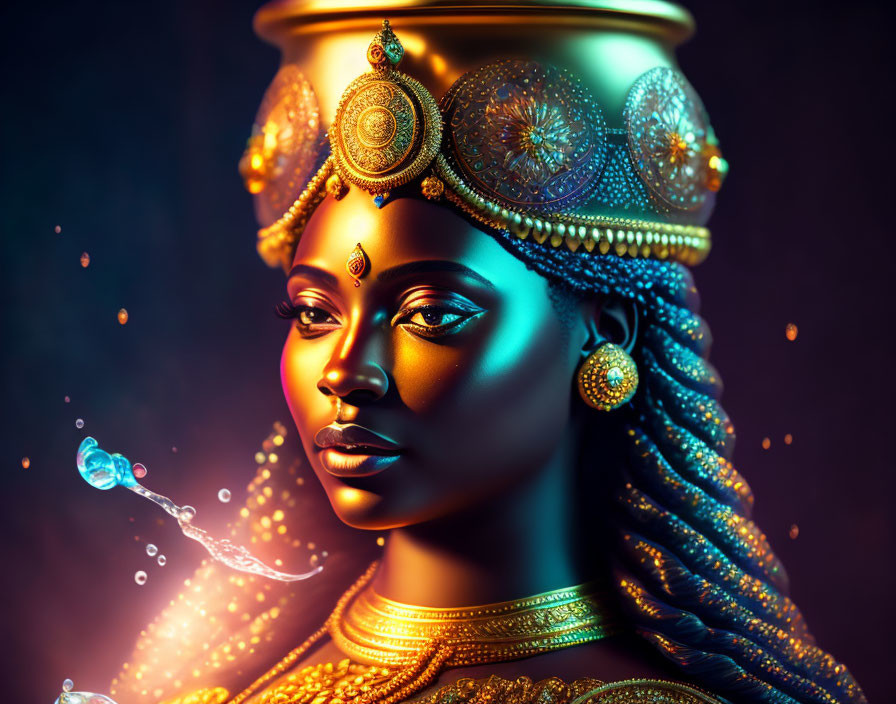Surreal portrait of a woman with golden jewelry and headdress in vibrant blue and orange hues
