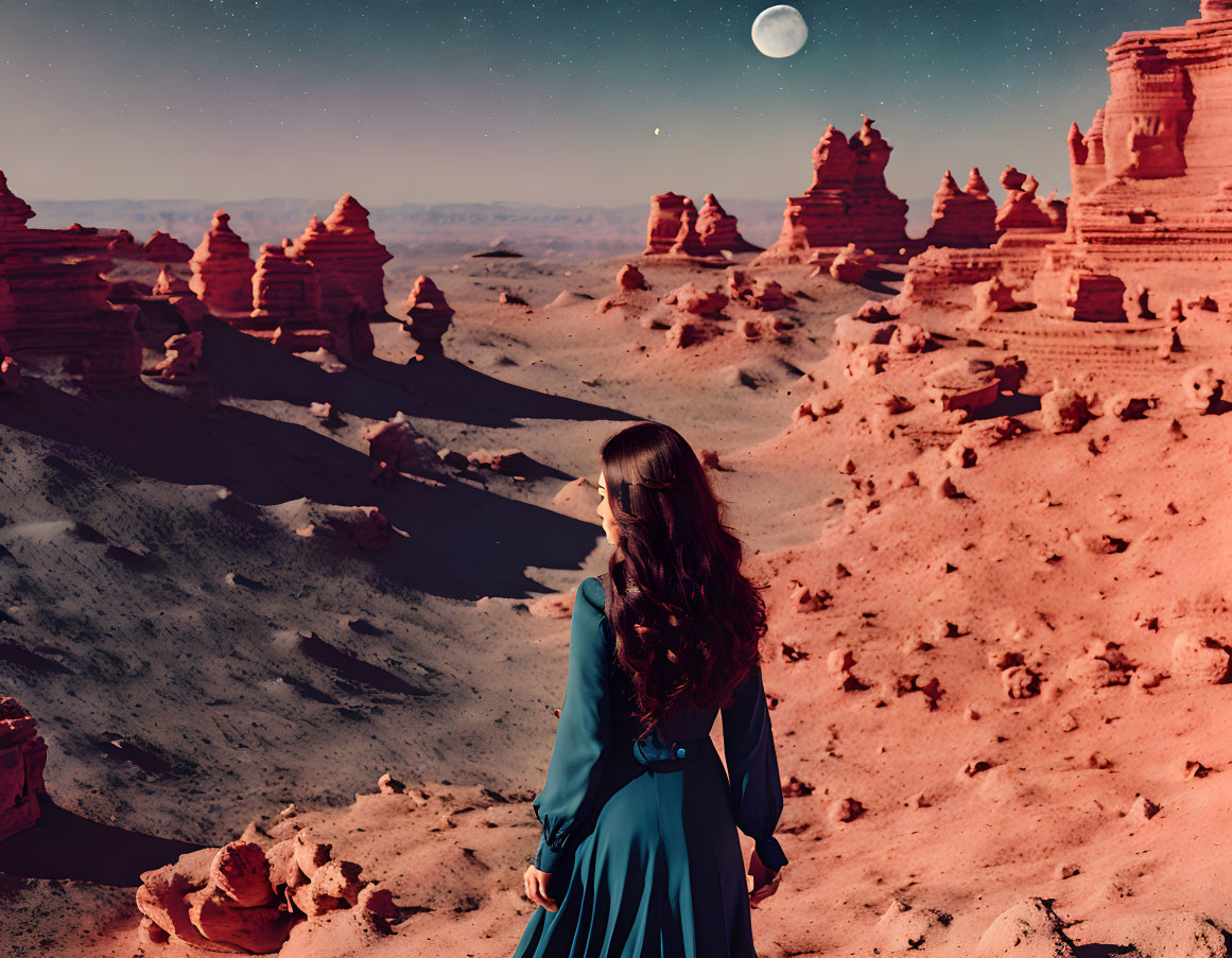 Woman in blue dress in desert landscape under twilight sky with moon