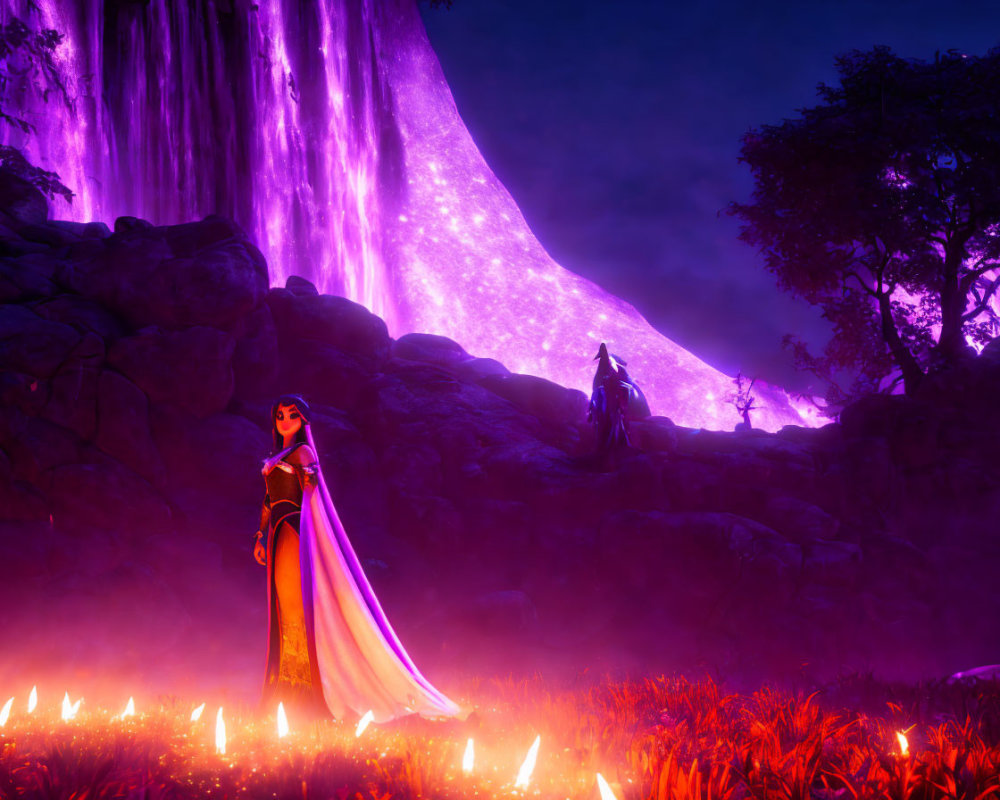 Mystical woman in cape near glowing flowers, purple-lit waterfall, figure on rock formation