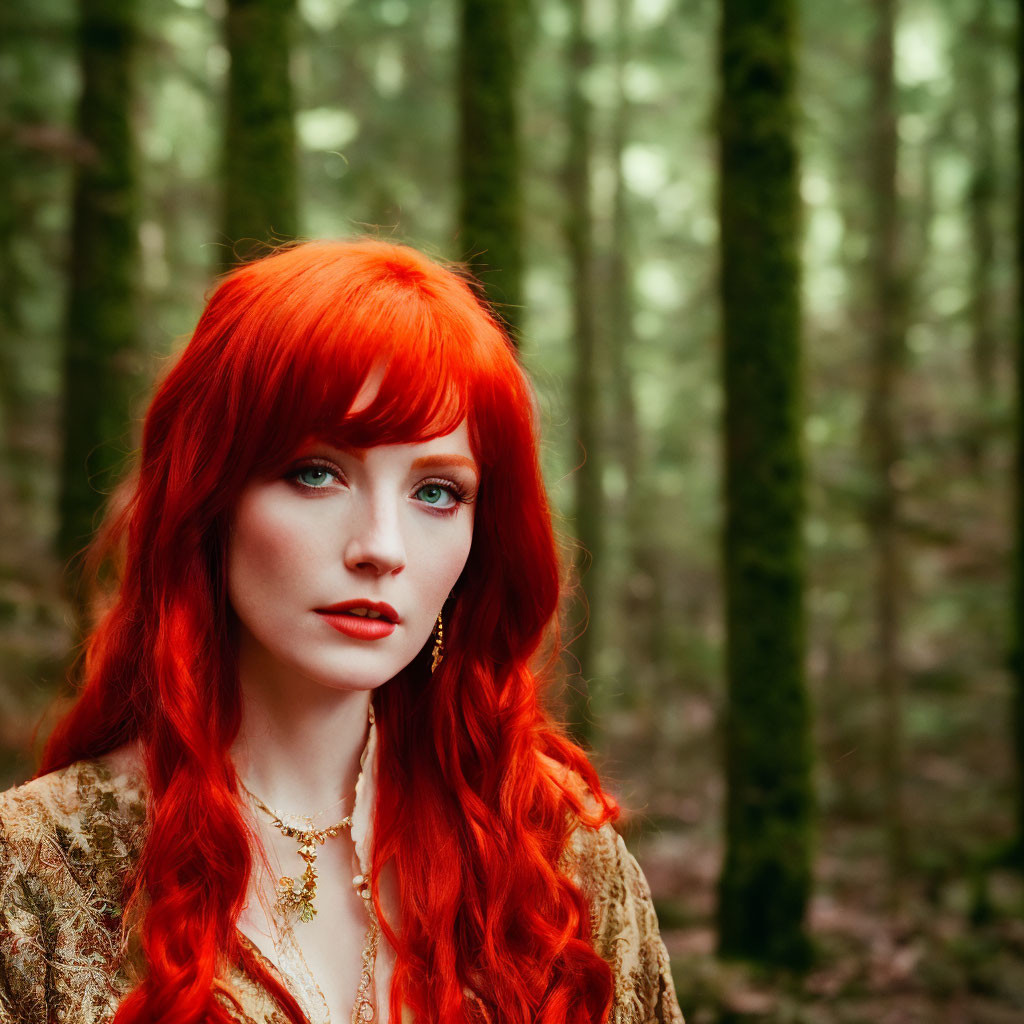 Red-haired woman in golden vintage attire against forest backdrop
