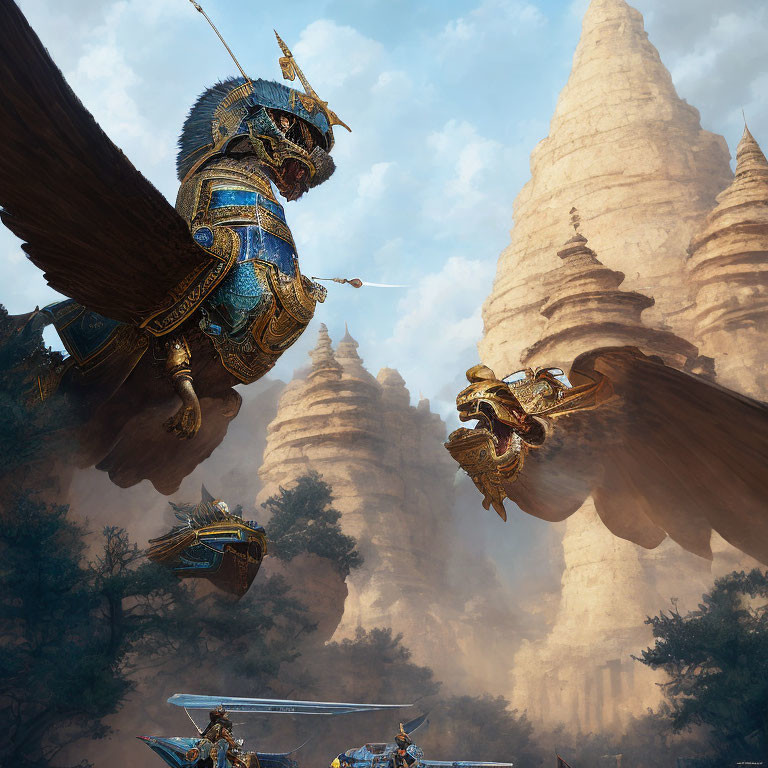 Samurai-armored warriors on flying insects in mountainous desert battle
