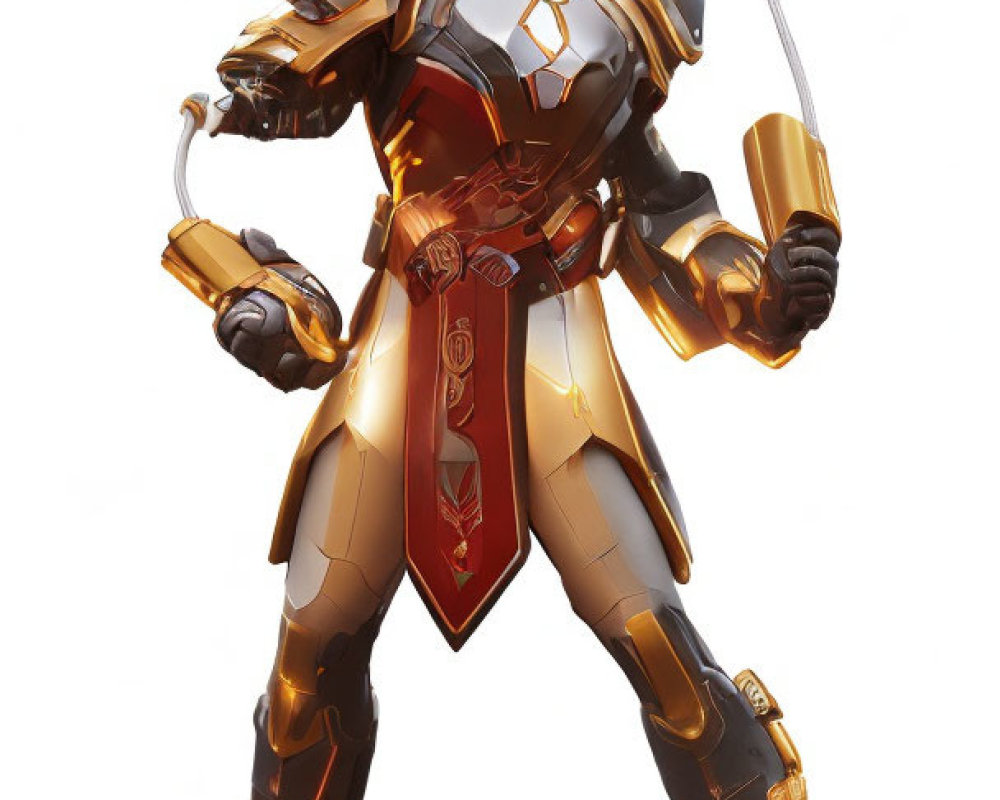 Futuristic armored character in gold and black with helmet, cape, and weapon hose
