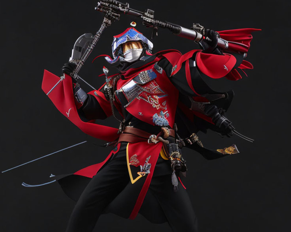 Person in Vibrant Samurai Armor Wielding Rifle with Bayonet