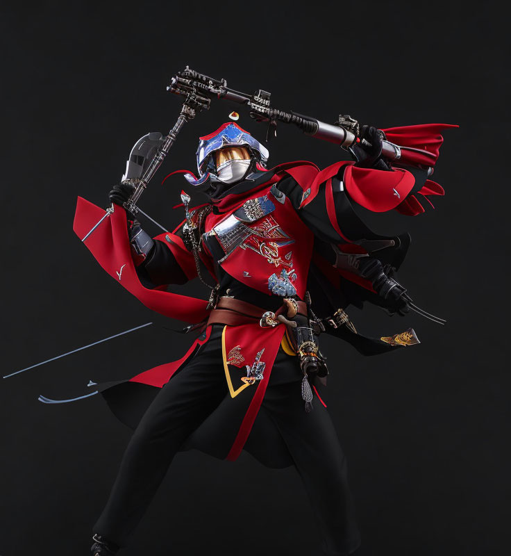 Person in Vibrant Samurai Armor Wielding Rifle with Bayonet