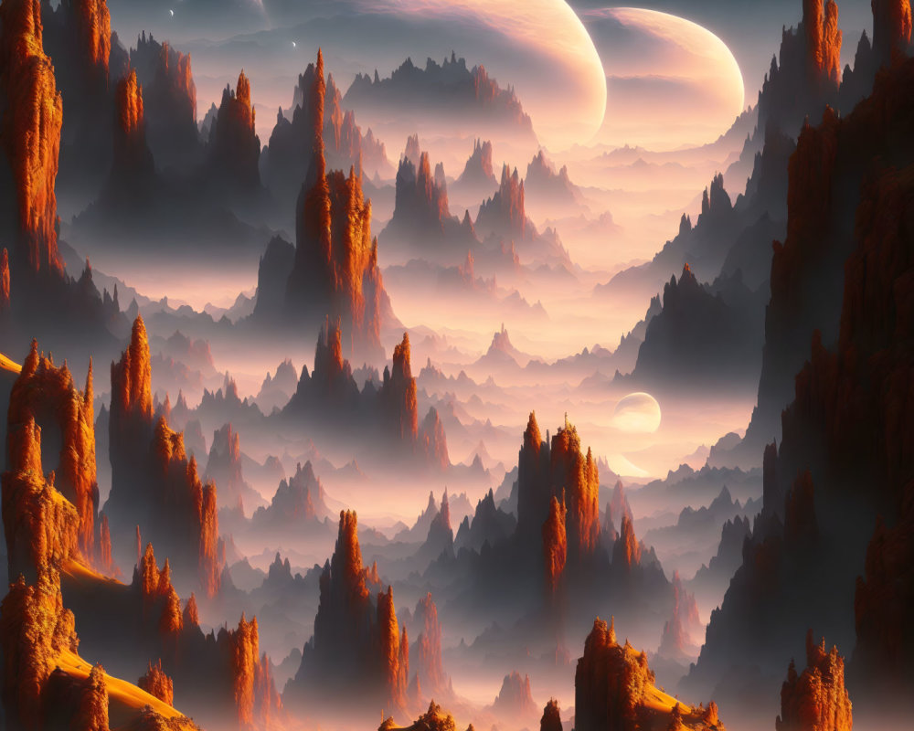 Fantastical landscape with towering rock formations and moons in dusky orange sky