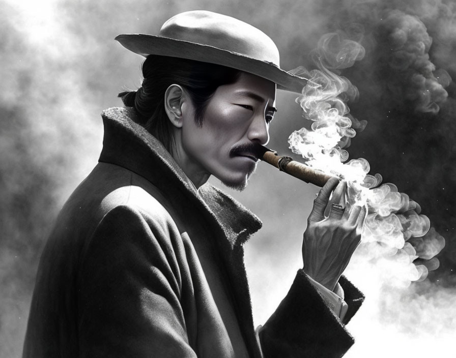 Monochrome image of man with mustache in wide-brimmed hat smoking cigar