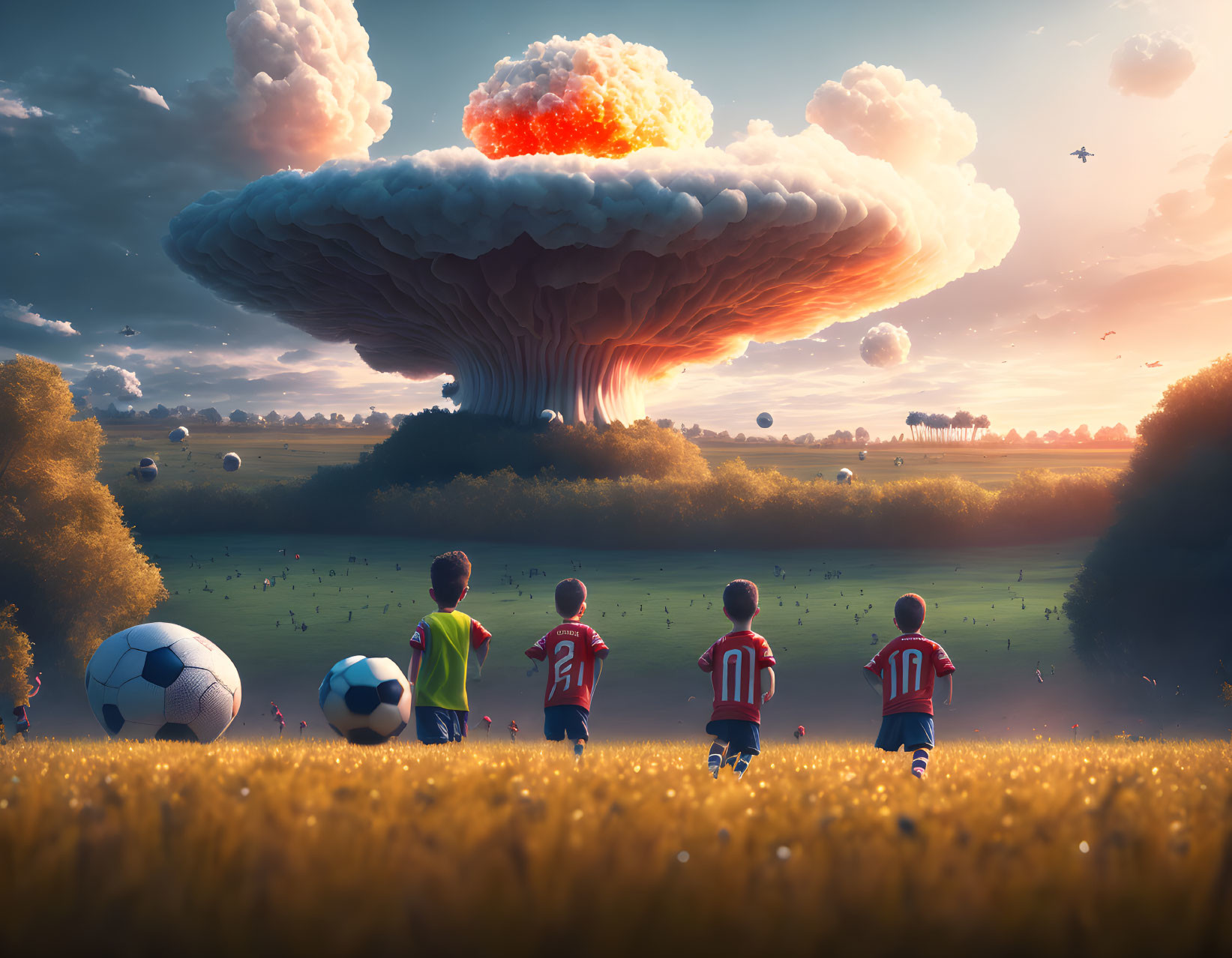 Children in soccer attire witness mushroom cloud explosion at sunset.
