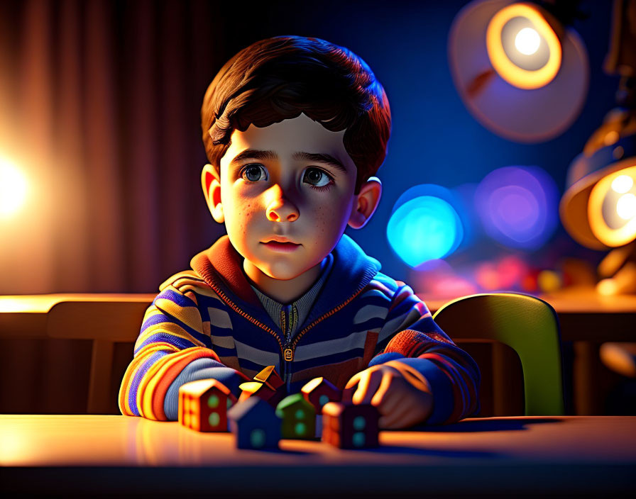 3D-rendered image of boy playing with colorful toy blocks