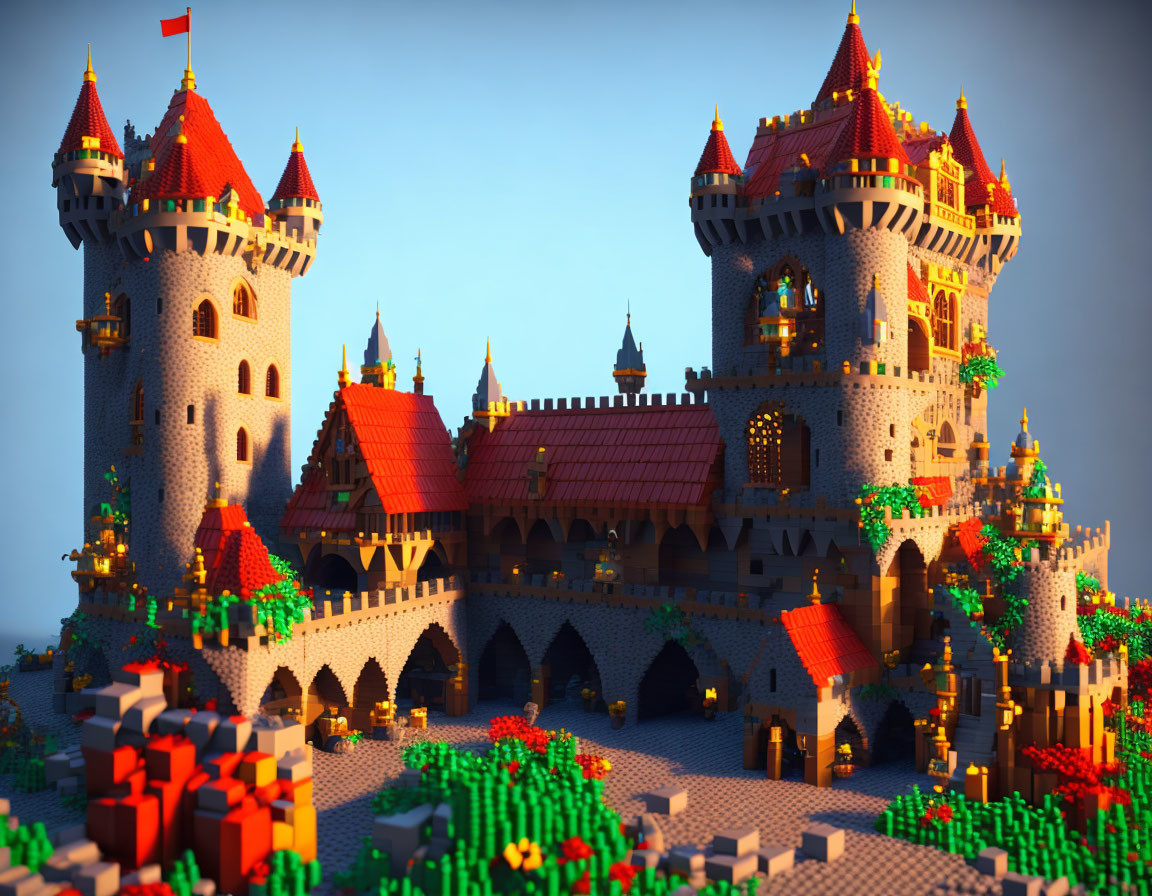 Detailed LEGO castle with multiple towers and lush greenery against blue sky