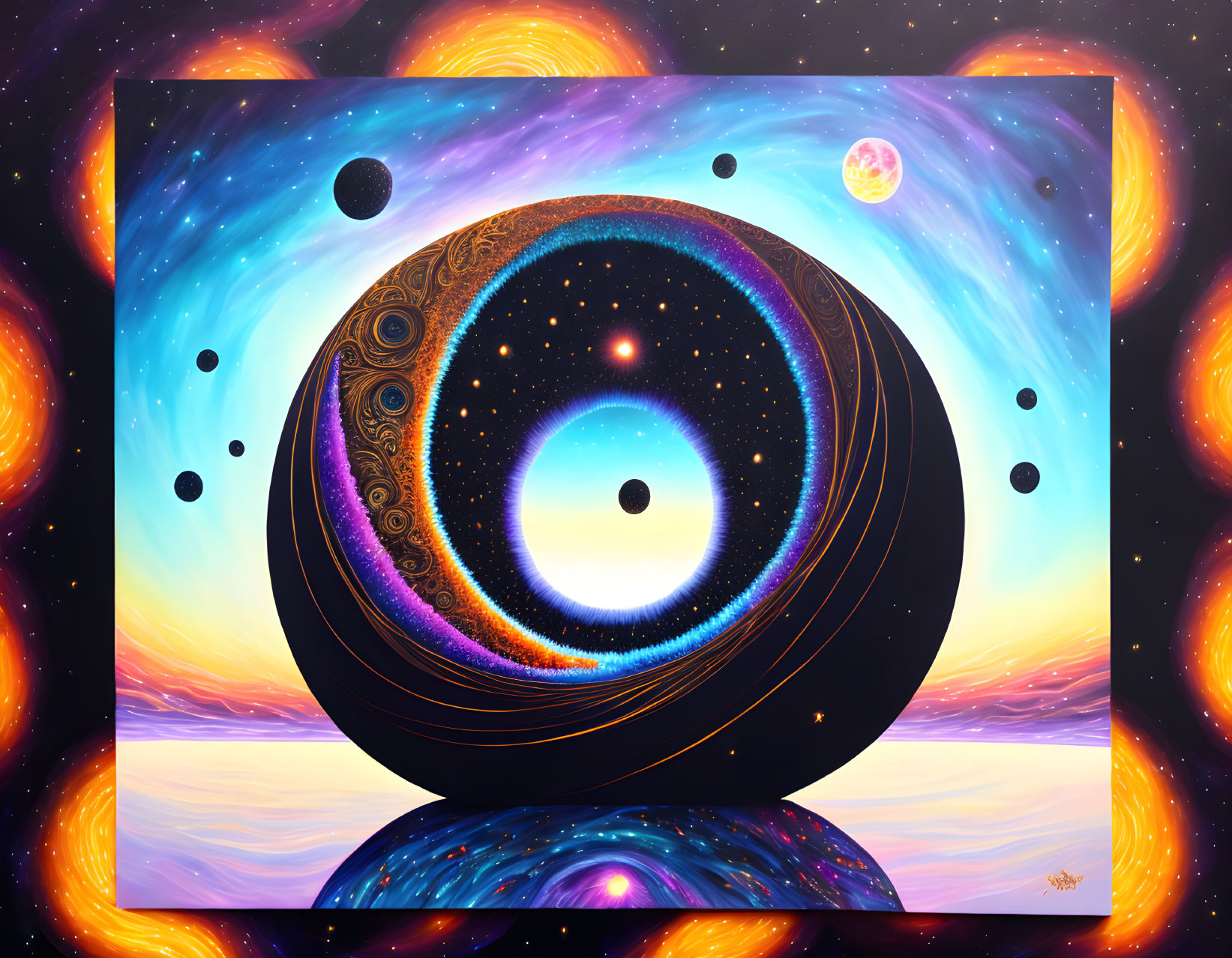Colorful cosmic painting with infinity symbol and celestial bodies