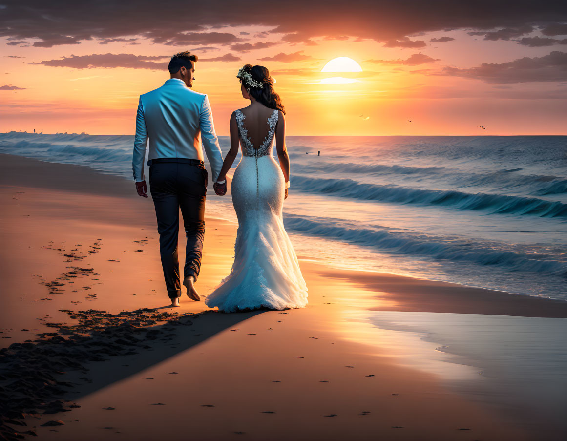 Wedding couple walking on beach at sunset with birds and orange sky