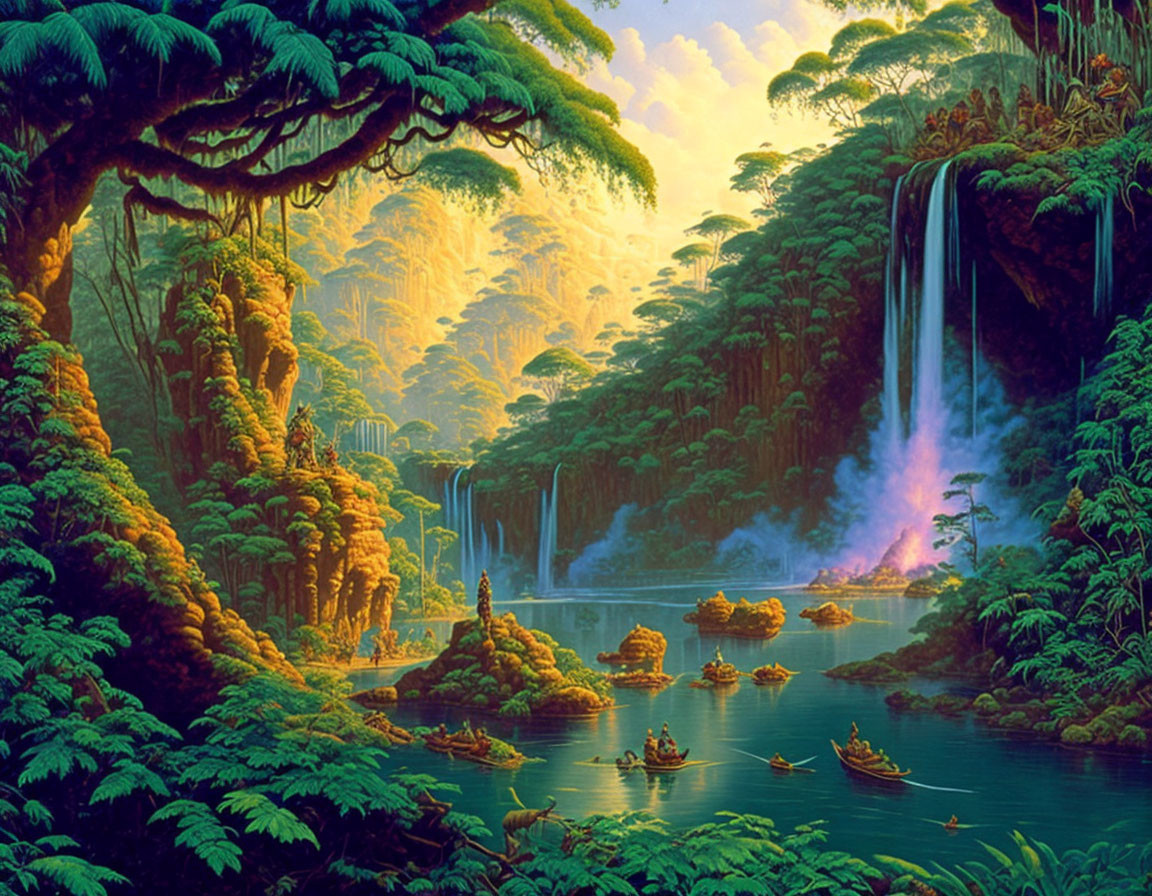 Lush Jungle Scene with Waterfalls, River, and Boats
