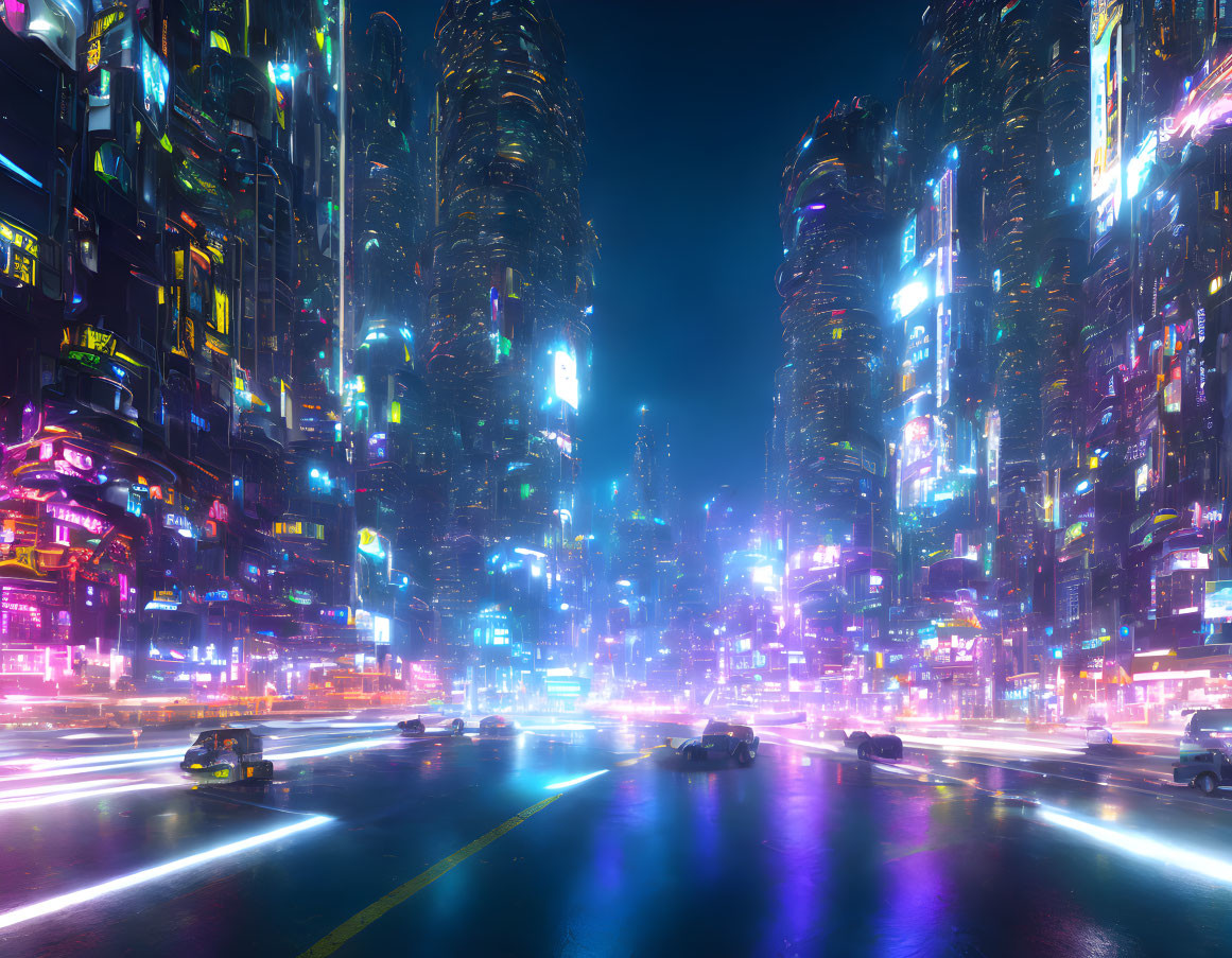 Nighttime futuristic cityscape with neon lights, skyscrapers, and busy traffic