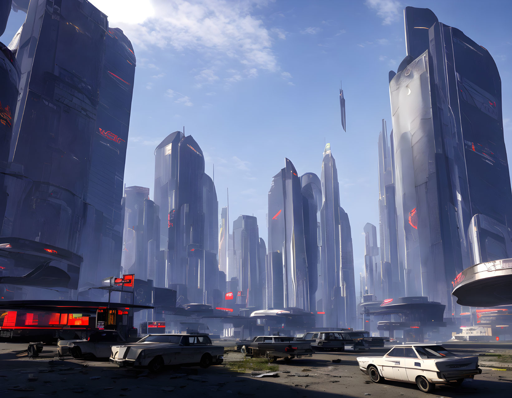 Futuristic cityscape with skyscrapers, neon lights, flying vehicles, and retro-fut
