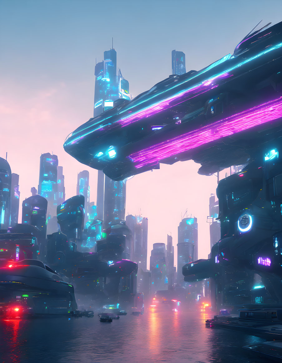 Futuristic neon-lit cityscape with skyscrapers and flying vehicles at dusk