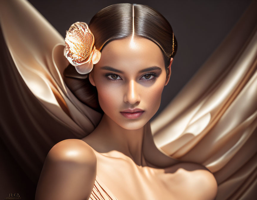 Portrait of woman with sleek hair and butterfly accessory on satin backdrop