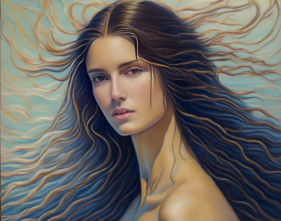 Digital Painting: Woman with Long Brown Hair on Blue Background