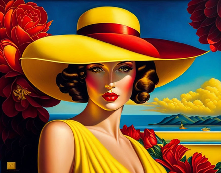 Stylized painting of a woman in yellow hat and dress with red lips, set against seascape