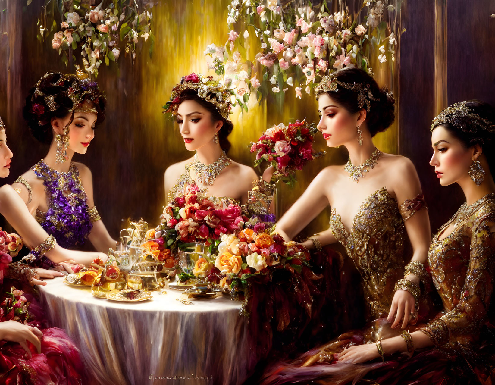 Elegantly Dressed Women at Table with Flowers
