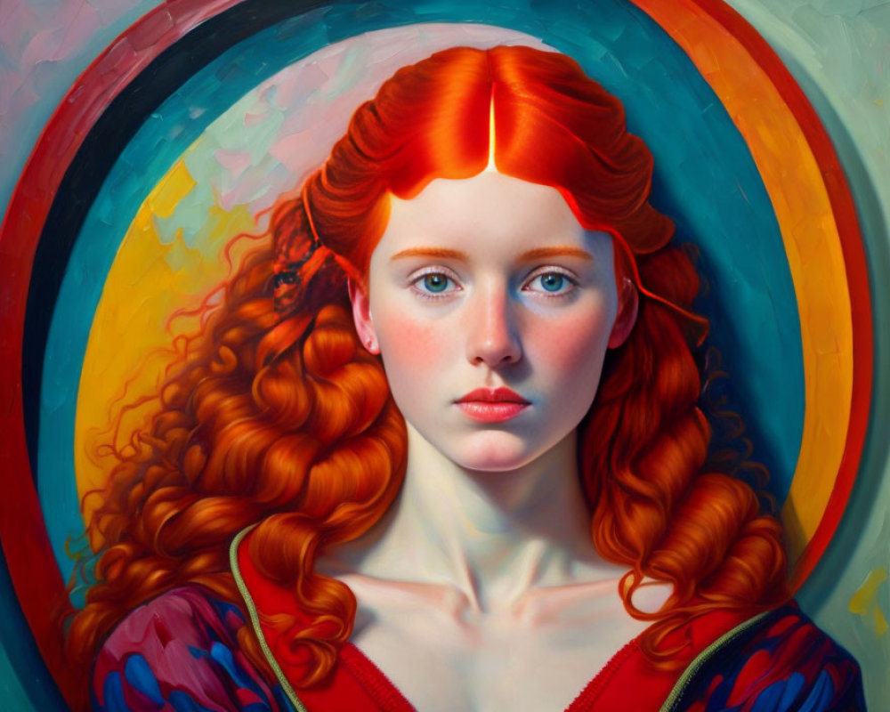Vibrant painting of woman with red hair and blue eyes in colorful halo background