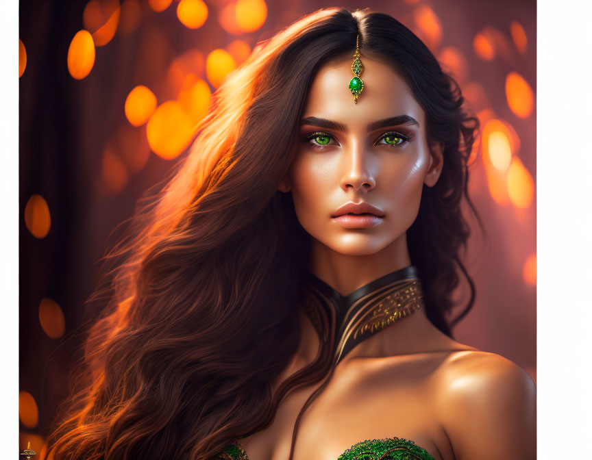 Portrait of woman with long wavy hair and green eyes in ornate jewelry against warm bokeh lights