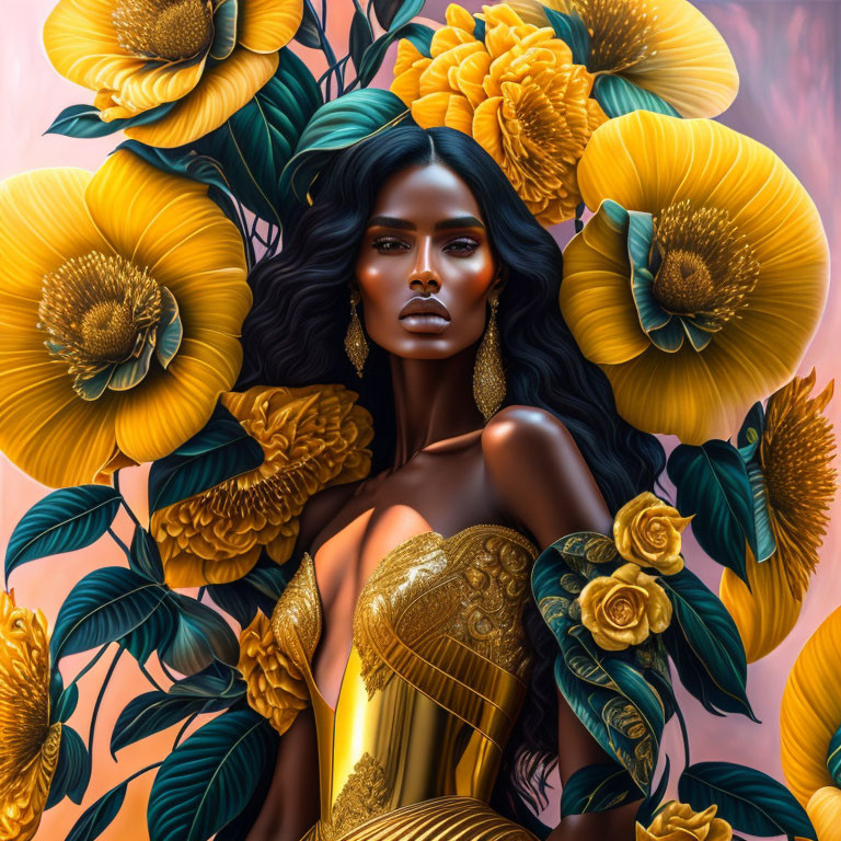 Digital Artwork: Woman with Black Hair, Gold Dress, and Flowers