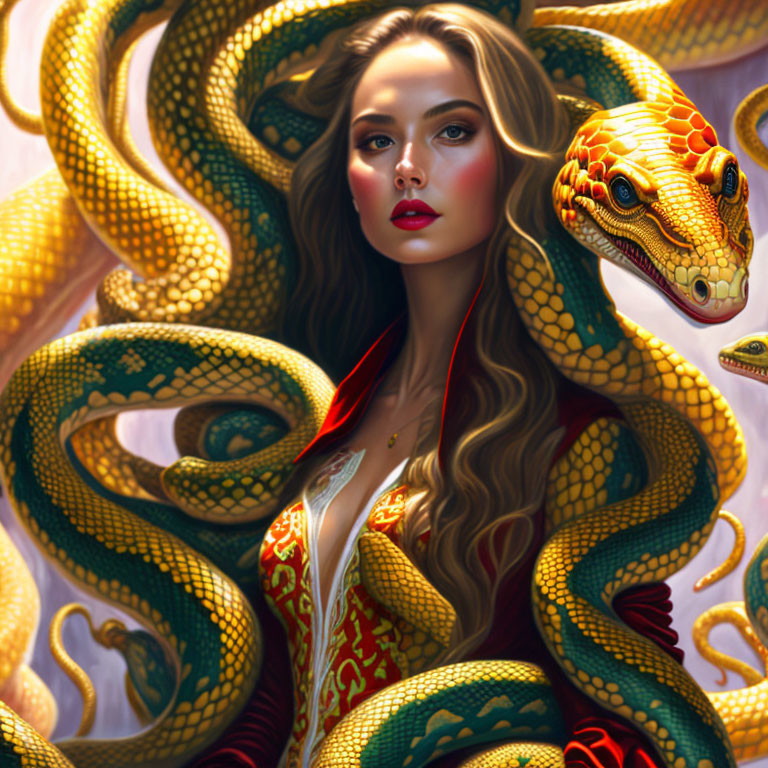 Vivid portrait of a woman with long red hair and striking makeup surrounded by vibrant serpents on