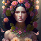Woman with floral crown and botanical aura portrait.