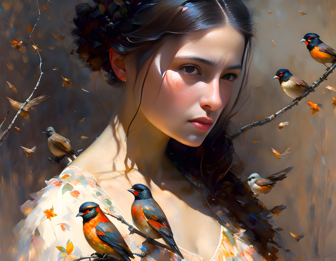 Serene woman with colorful birds on branches in warm setting