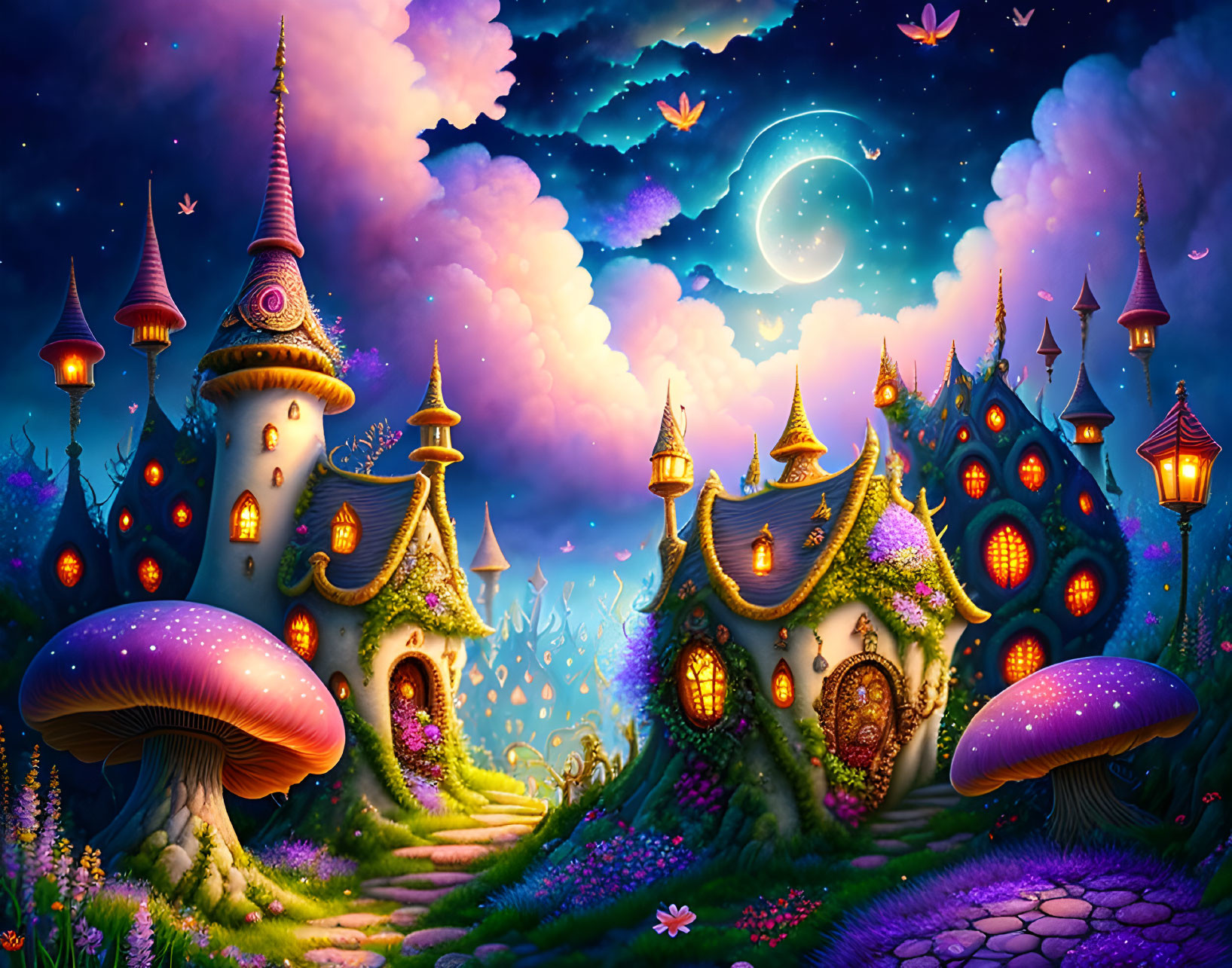 Whimsical night scene with mushroom houses and crescent moon