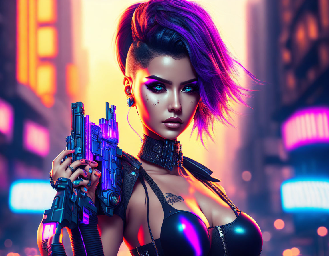 Futuristic woman with mohawk and high-tech weapon in neon cyberpunk cityscape