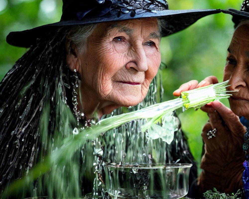Elderly Woman in Witch Costume Splashed Outdoors