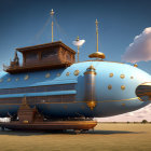 Ornate airship with golden domes hovers over desert landscape